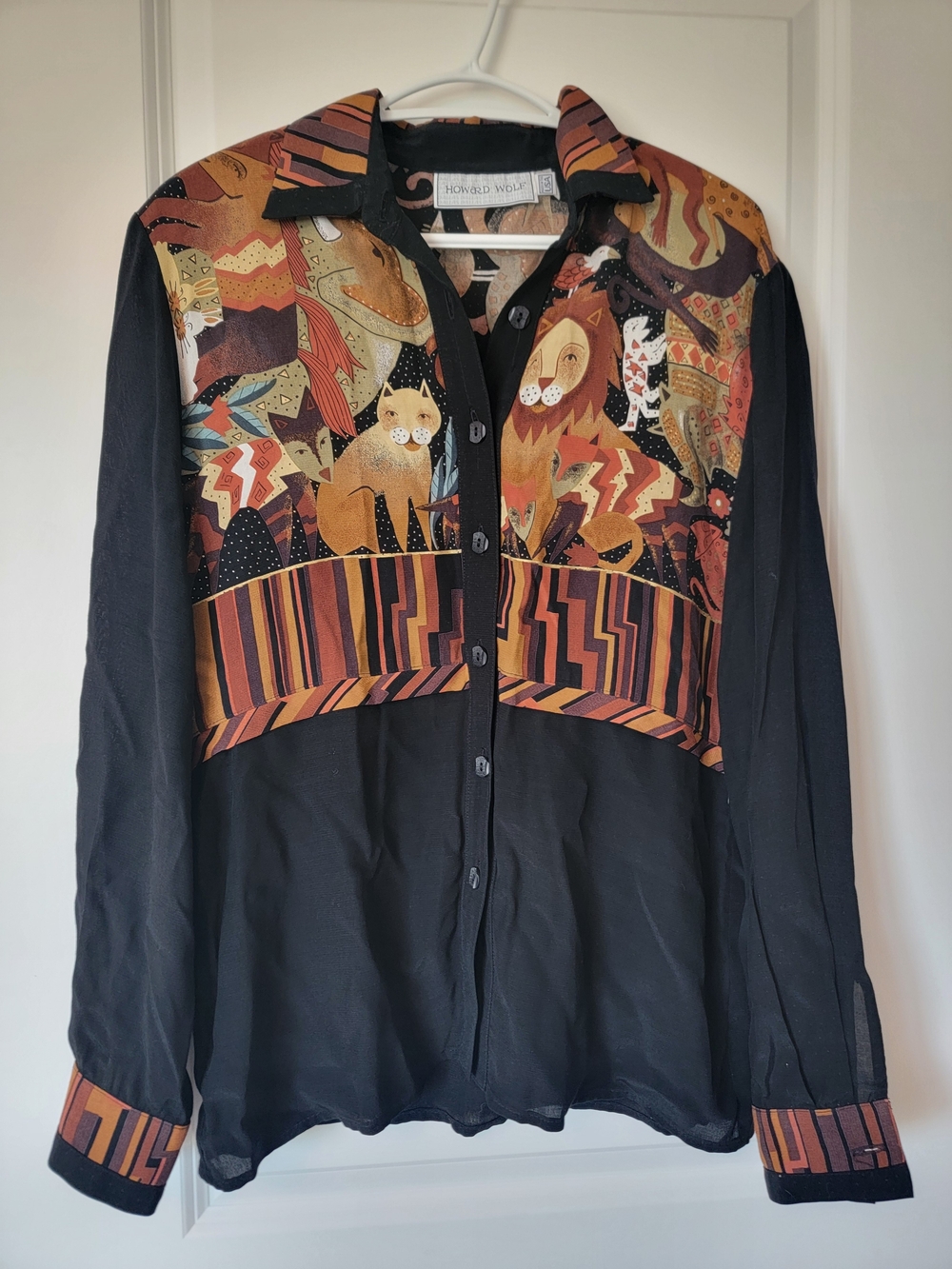 Howard Wolf Black Button-Down Shirt with Multicolor Animal Print Yoke